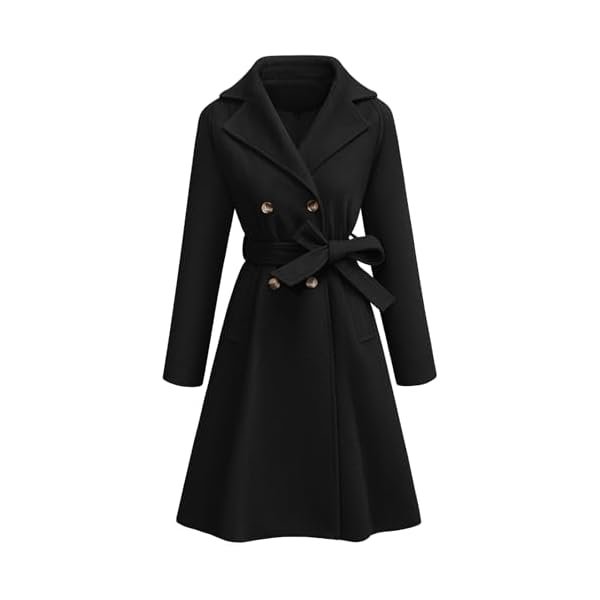 Women's Elegant Pea Coat Lapel Collar Double Breasted Trench Jacket Fall Slim Long Outerwear with Belt Pockets