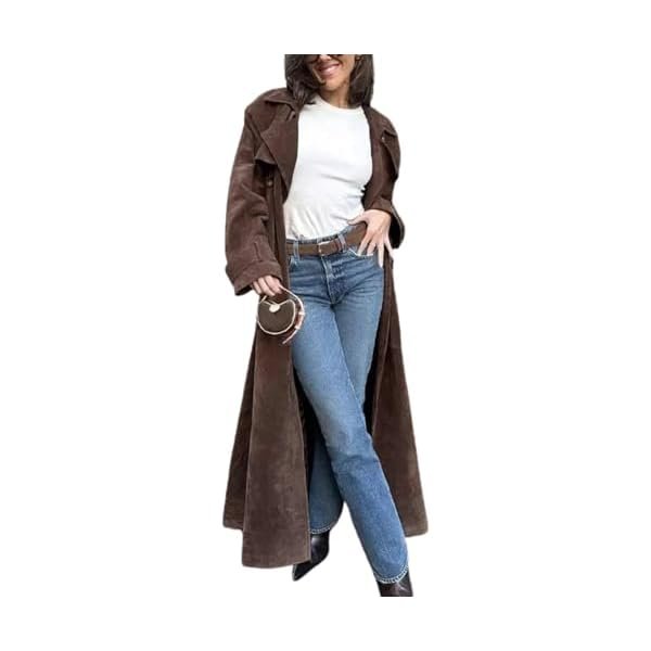 Womens Faux Suede Long Trench Coat Notched Lapel Double Breasted Pea Coat Overcoat with Belt