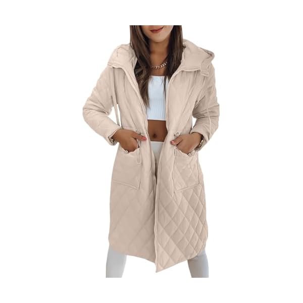 Womens Long Quilted Puffer Jacket Lightweight Zip Up Hooded Drawstring Winter Coats Outerwear with Pockets