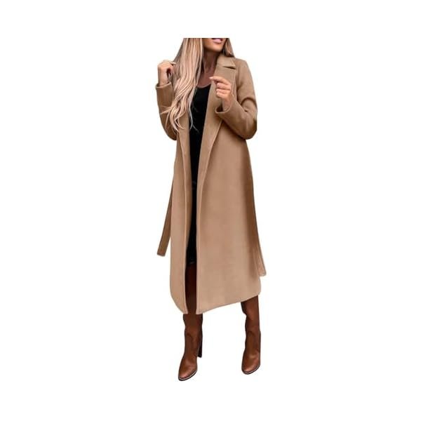 Womens Long Wool Pea Coats Notched Collar Open Front Woolen Blend Trench Coat with Belt