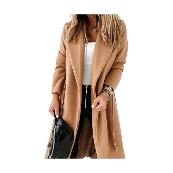 Womens Classic Coat Lapel Collar Open Front Belted Long Jacket