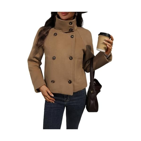 Women's Cropped Wool Blend Pea Coat Double Breasted Short Jacket Modern Fall Winter Dressy Outerwear