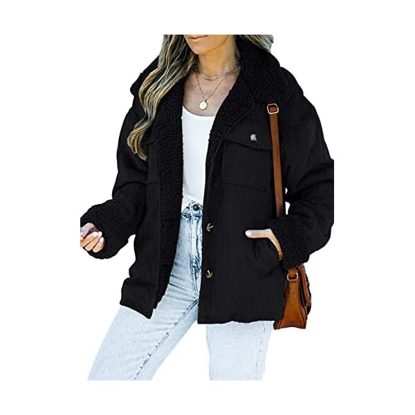 Corduroy Sherpa Jacket for Women Button Down Fleece Fur Collar Winter Warm Coat