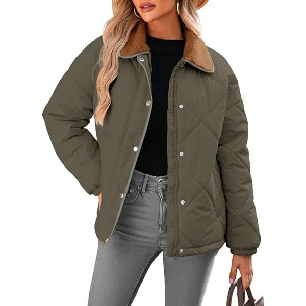 Women's Winter Casual Quilted Jackets Long Sleeve Button Down Puffer Jacket Padded Outerwear Coats