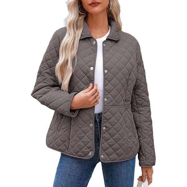 Women's Winter Quilted Jackets Long Sleeve Button Down Diamond Puffer Jacket Outerwear Coats with Pockets