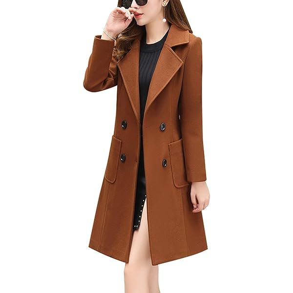 Women Elegant Notched Collar Double Breasted Wool Blend Over Coat