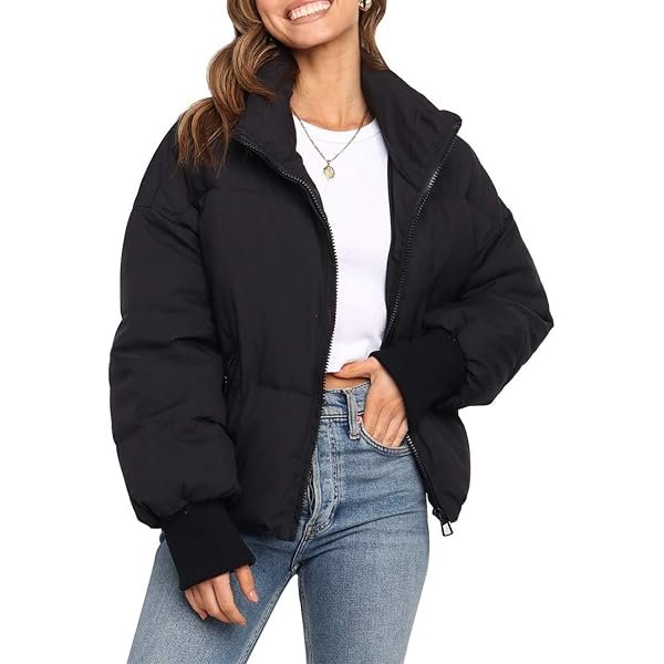 Women's 2025 Winter Long Sleeve Zip Puffer Jacket Pockets Baggy Short Coats