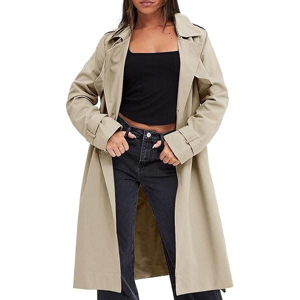 Women's Double Breasted Trench Coats Causal Windproof Long Lapel Pocketed Overcoat with Belt
