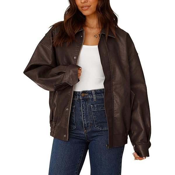 Women's Faux Leather Motorcycle Jacket Trendy Fall Spring Clothes Oversized Zip Up Winter Coat Outerwear