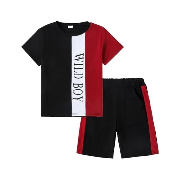 Boys Clothes Summer Striped Short Sleeve Letter Print T-Shirt + Shorts 2 Pieces Set, Sizes 7-14 Years